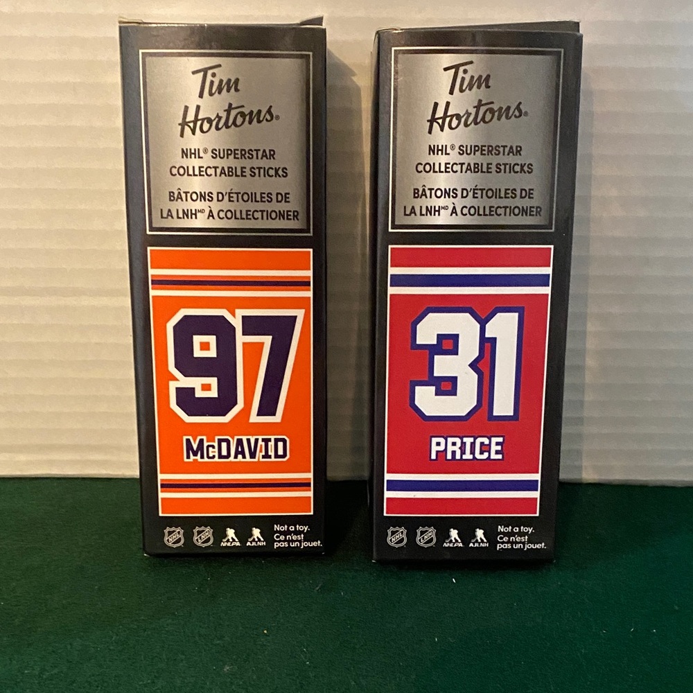 Lot of 2 Tim Horton NHL Mini Hockey Sticks 2019 Conner McDavid & Carey Price